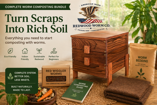Redwood Worm Co. composting bundle with wooden furniture and worm-related items on a table.